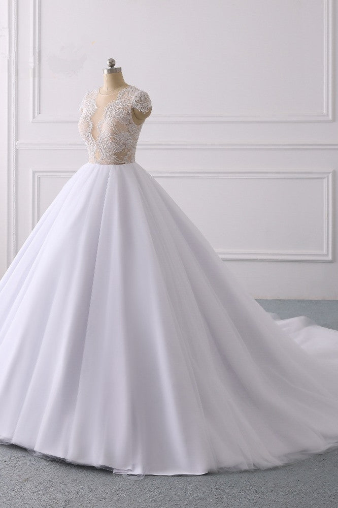 Wedding Dresses Lace Beach, Classic Cap sleeves V neck White Ball Gown Lace Wedding Dress