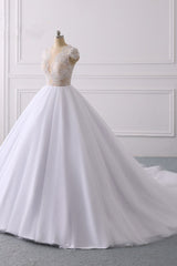 Wedding Dresses Lace Beach, Classic Cap sleeves V neck White Ball Gown Lace Wedding Dress