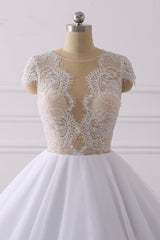 Wedding Dress Lace A Line, Classic Cap sleeves V neck White Ball Gown Lace Wedding Dress