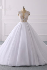 Wedding Dresses A Line Sleeves, Classic Cap sleeves V neck White Ball Gown Lace Wedding Dress