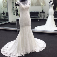 Wedding Dresses Fall, Classic Cap Sleeves White Illusion neck Lace Mermaid Wedding Dress with Court Train