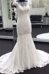 Weddings Dresses Fall, Classic Cap Sleeves White Illusion neck Lace Mermaid Wedding Dress with Court Train