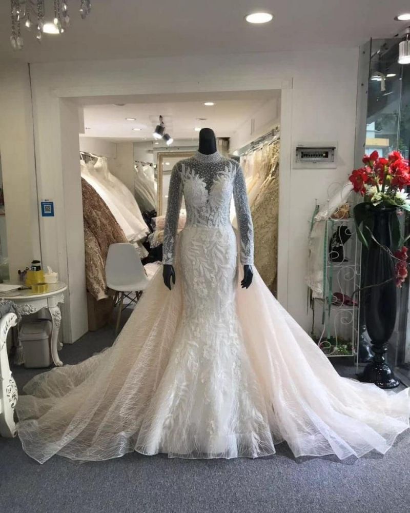 Wedding Dressed Lace, Classic Collar Long Sleeves Floral Pattern Mermaid Wedding Dress Detachable Sweep Train
