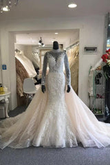 Weddings Dress Lace, Classic Collar Long Sleeves Floral Pattern Mermaid Wedding Dress Detachable Sweep Train