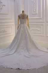 Weddings Dresses Beach, Classic Jewel Long Sleevess Tulle Lace Sparkle Ivory Wedding Dress