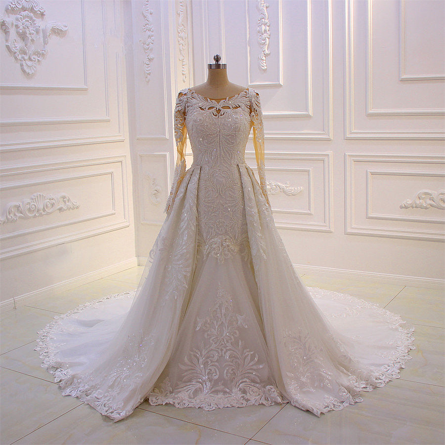 Wedding Dresse Beach, Classic Jewel Long Sleevess Tulle Lace Sparkle Ivory Wedding Dress