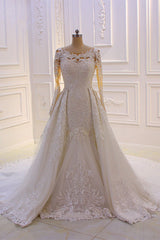Wedding Dresse Boho, Classic Jewel Long Sleevess Tulle Lace Sparkle Ivory Wedding Dress