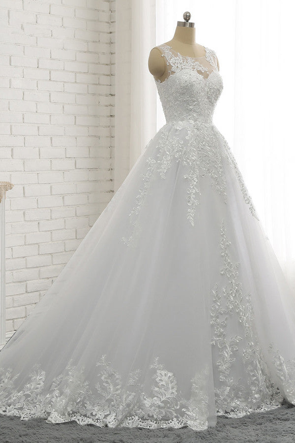 Wedding Dress For Over 54, Classic Round neck Lace appliques White Princess Wedding Dress