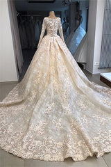 Wedding Dresses Simple Lace, Classic Scoop Long Sleevess Appliques Ball Gown Wedding Dresses