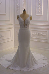 Wedding Dress Cost, Classic Sleeveless Lace V neck Column White Court Train Wedding Dress