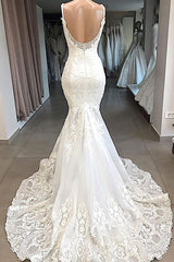 Wedding Dressed With Sleeves, Classic Spaghetti Strap V neck White Sleeveless Mermaid Open Back Wedding Dress with Chapel Train