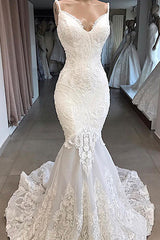 Wedding Dress Summer, Classic Spaghetti Strap V neck White Sleeveless Mermaid Open Back Wedding Dress with Chapel Train