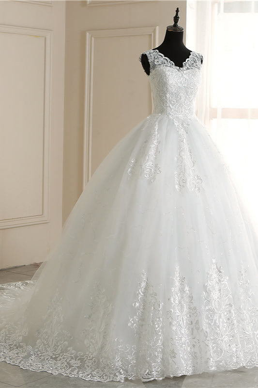 Weddings Dresses For The Beach, Classic White V neck Sleeveless Ball Gown Lace Wedding Dress