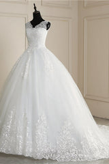 Wedding Dresses Shoulder, Classic White V neck Sleeveless Ball Gown Lace Wedding Dress