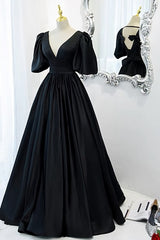 Prom Dresses Black Girls, Classy Black Prom Dress Formal Dresses with Bubble Sleeves