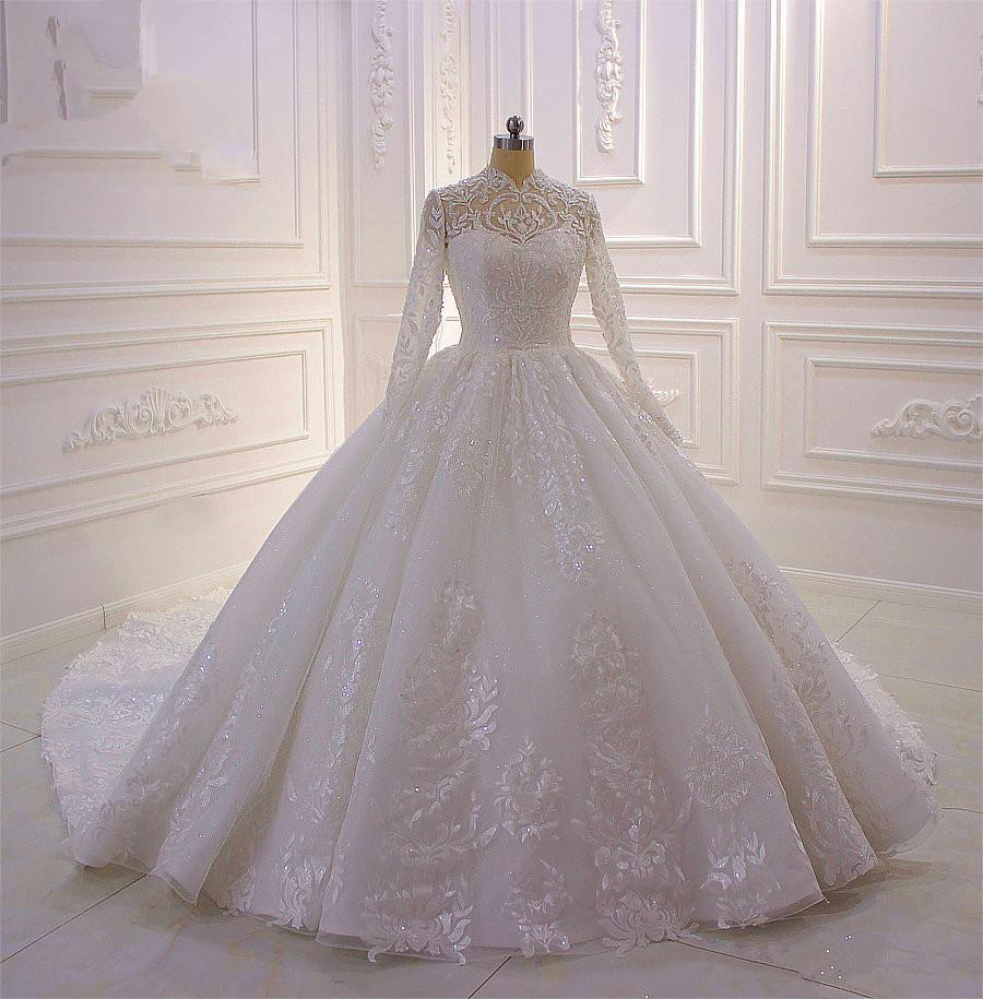 Wedsing Dresses Boho, Classy Long A-line High Neck Appliques Lace Pearl Sequins Ruffles Wedding Dress with Sleeves