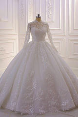 Wedding Dress Boutiques Near Me, Classy Long A-line High Neck Appliques Lace Pearl Sequins Ruffles Wedding Dress with Sleeves