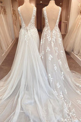 Wedding Dresses Under 304, Classy Long A-Line Sweetheart Appliques Lace Open Back Wedding Dress