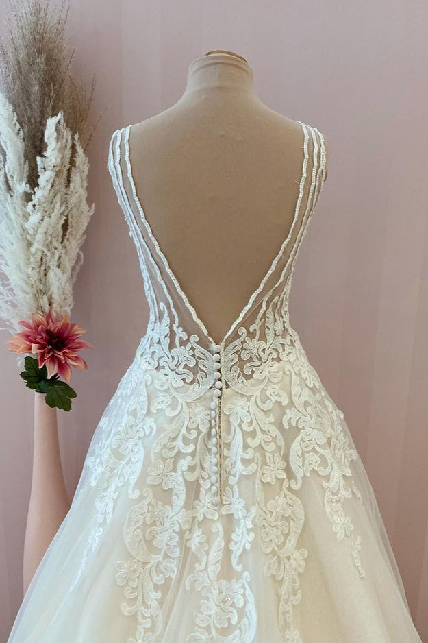 Wedding Dresses For Summer, Classy Long A-Line Sweetheart Appliques Lace Tulle Backless Wedding Dress