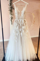 Wedding Dress Online Shops, Classy Long A-line Tulle Appliques Lace Wedding Dress