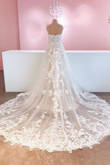 Wedding Dresses Tulle, Classy Long A-Line Tulle Spaghetti Straps Appliques Lace Backless Wedding Dress