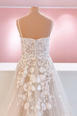Wedding Dress On Sale, Classy Long A-Line Tulle Spaghetti Straps Appliques Lace Backless Wedding Dress