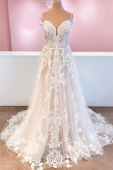 Wedding Dress For Sale, Classy Long A-Line Tulle Spaghetti Straps Appliques Lace Backless Wedding Dress