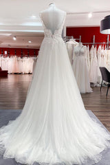 Wedding Dresses Deals, Classy Long A-line Tulle V Neck Sleeveless Lace Wedding Dress