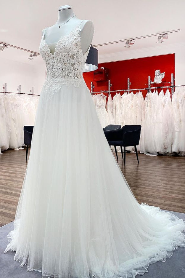 Wedding Dress Inspo, Classy Long A-line Tulle V Neck Sleeveless Lace Wedding Dress