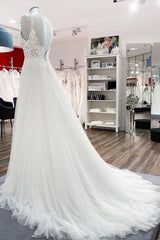 Wedding Dress Sales, Classy Long A-line Tulle V Neck Sleeveless Lace Wedding Dress