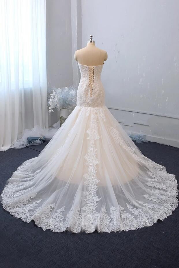 Wedding Dress Shapes, Classy Long Mermaid Sweetheart Backless Appliques Lace Tulle Wedding Dress