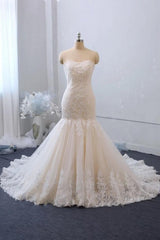 Wedding Dress Shape, Classy Long Mermaid Sweetheart Backless Appliques Lace Tulle Wedding Dress