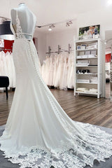 Wedding Dress Online Shopping, Classy Long Mermaid V-neck Satin Open Back Wedding Dress with Lace Appliques