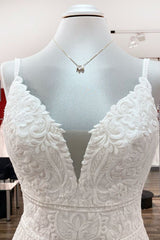 Wedding Dresses Online Shop, Classy Long Mermaid V-neck Satin Open Back Wedding Dress with Lace Appliques