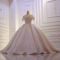 Wedding Dresses Ball Gown, Classy Long Off the Shoulder Sequin Beading Satin Ball Gown Wedding Dress