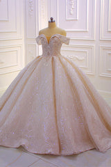 Wedding Dresses Online, Classy Long Off the Shoulder Sequin Beading Satin Ball Gown Wedding Dress