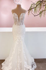 Wedding Dresses For Bride And Groom, Classy Long Sweetheart Backless Mermaid Wedding Dress With Appliques Lace