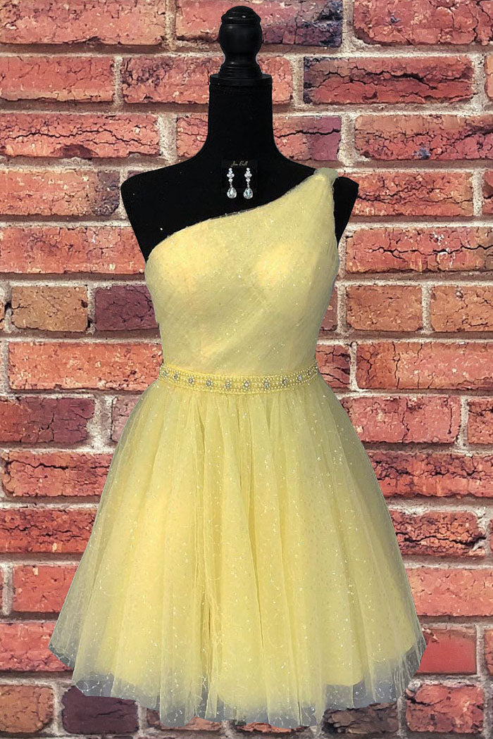 Evening Dress Italy, Classy Yellow One Shoulder Short Formal Gown with Beading