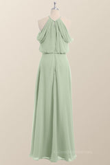 Garden Wedding, Cold Sleeve Sage Green Blouson Chiffon Long Bridesmaid Dress