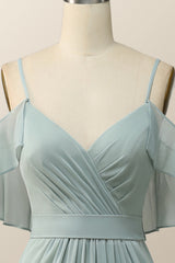 Formal Dress Website, Cold Sleeves Green Chiffon Pleated Long Bridesmaid Dress