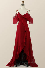 Formal Dresses Gown, Cold Sleeves Wine Red Ruffle Long Bridesmaid Dress
