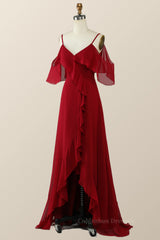 Formal Dress Gowns, Cold Sleeves Wine Red Ruffle Long Bridesmaid Dress