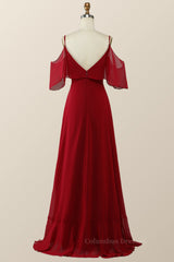 Formal Dresses Fashion, Cold Sleeves Wine Red Ruffle Long Bridesmaid Dress