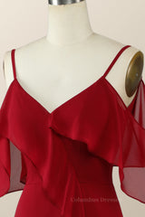 Formal Dress Fashion, Cold Sleeves Wine Red Ruffle Long Bridesmaid Dress