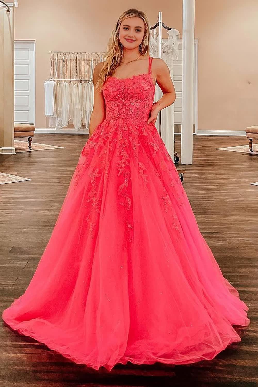 Coral A-Line Prom Dress with Appliques