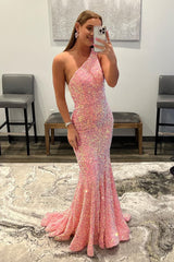 Coral Sequins Mermaid Long Prom Dress
