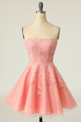 Prom Dresses Long Open Back, Coral Strapless A-line Appliques Short Prom Dress