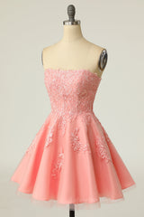 Prom Dresses Photos Gallery, Coral Strapless A-line Appliques Short Prom Dress
