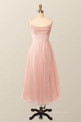 Homecoming Dress Tights, Cow Neck Pink Tulle Midi Dress
