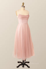 Homecoming Dress Tight, Cow Neck Pink Tulle Midi Dress